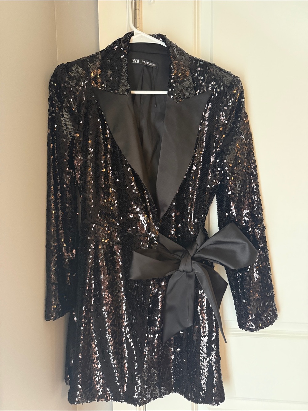 Zara Black Sequin Wrap Blazer with Satin Bow Tie